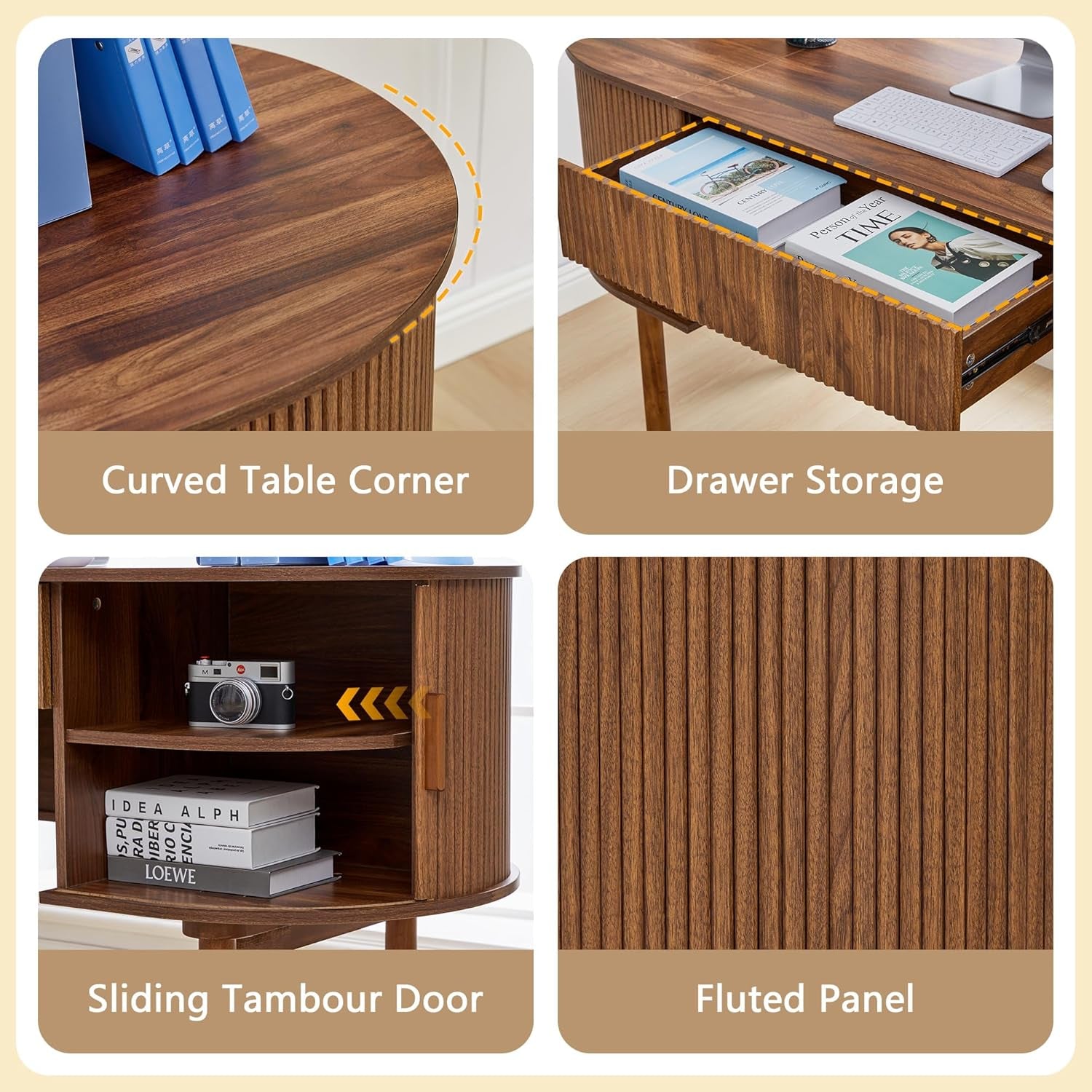 Home Office Oval Desk with Sliding Tambour Door and Drawer, Modern Fluted Wood Executive Computer Storage Desk for Study, Living Room, Bedroom, Office - Walnut