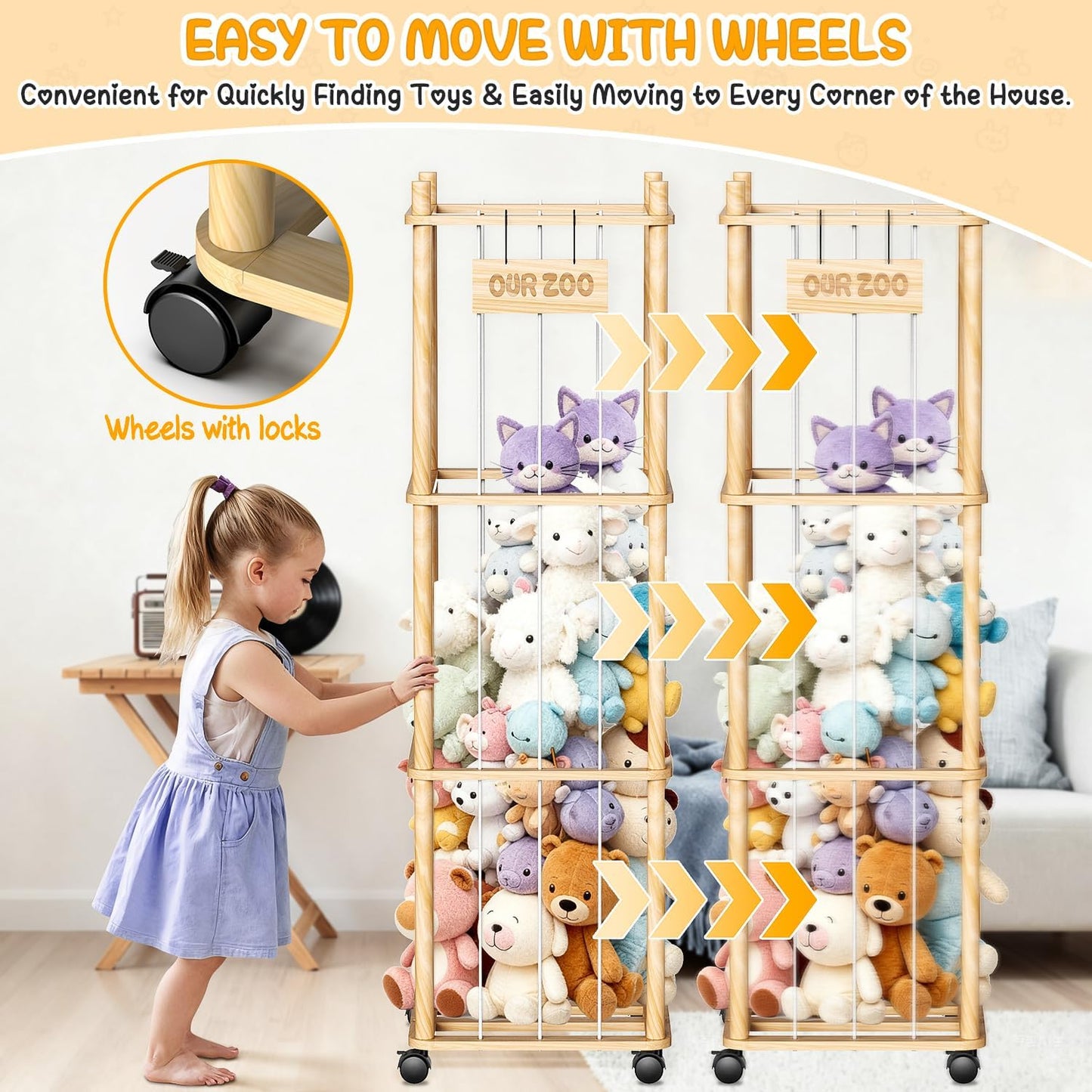 Stuffed Animal Storage & Holder, Natural Pine Wood Plushies Storage with Wheels, Large Capacity Stuffed Animal Zoo with Building Block Bag, Space save Toy Organizer for Nursery Playroom & Bedroom