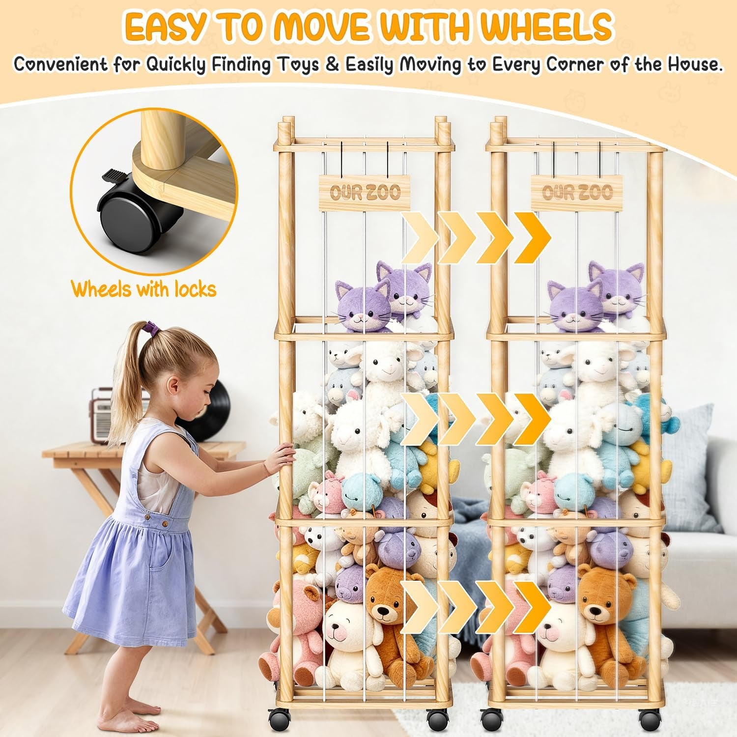 Stuffed Animal Storage & Holder, Natural Pine Wood Plushies Storage with Wheels, Large Capacity Stuffed Animal Zoo with Building Block Bag, Space save Toy Organizer for Nursery Playroom & Bedroom