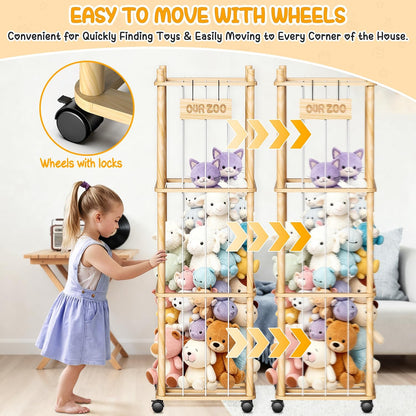 Stuffed Animal Storage & Holder, Natural Pine Wood Plushies Storage with Wheels, Large Capacity Stuffed Animal Zoo with Building Block Bag, Space save Toy Organizer for Nursery Playroom & Bedroom