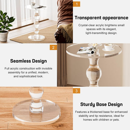 Acrylic Side Table, Acrylic End Table, Clear Small round Side/End Tables with Support Rod, Modern Drink Table/Nightstand for Living Room Bedroom Lobby Balcony, 15.7'' L X 15.7'' W X 22.6'' H