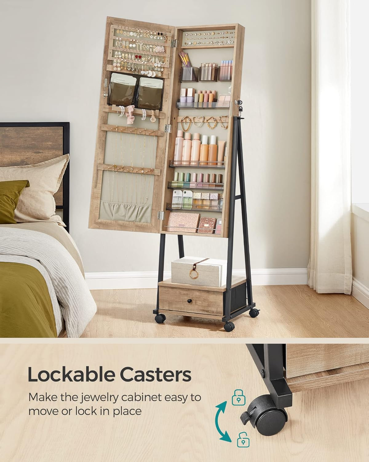 Jewelry Cabinet Floor Standing, Lockable Jewelry Organizer with High Full-Length Mirror, Bottom Drawer, Shelf, Wheels, Jewelry Armoire, Gift Idea, Toasted Oak Color and Black UJJC004N01