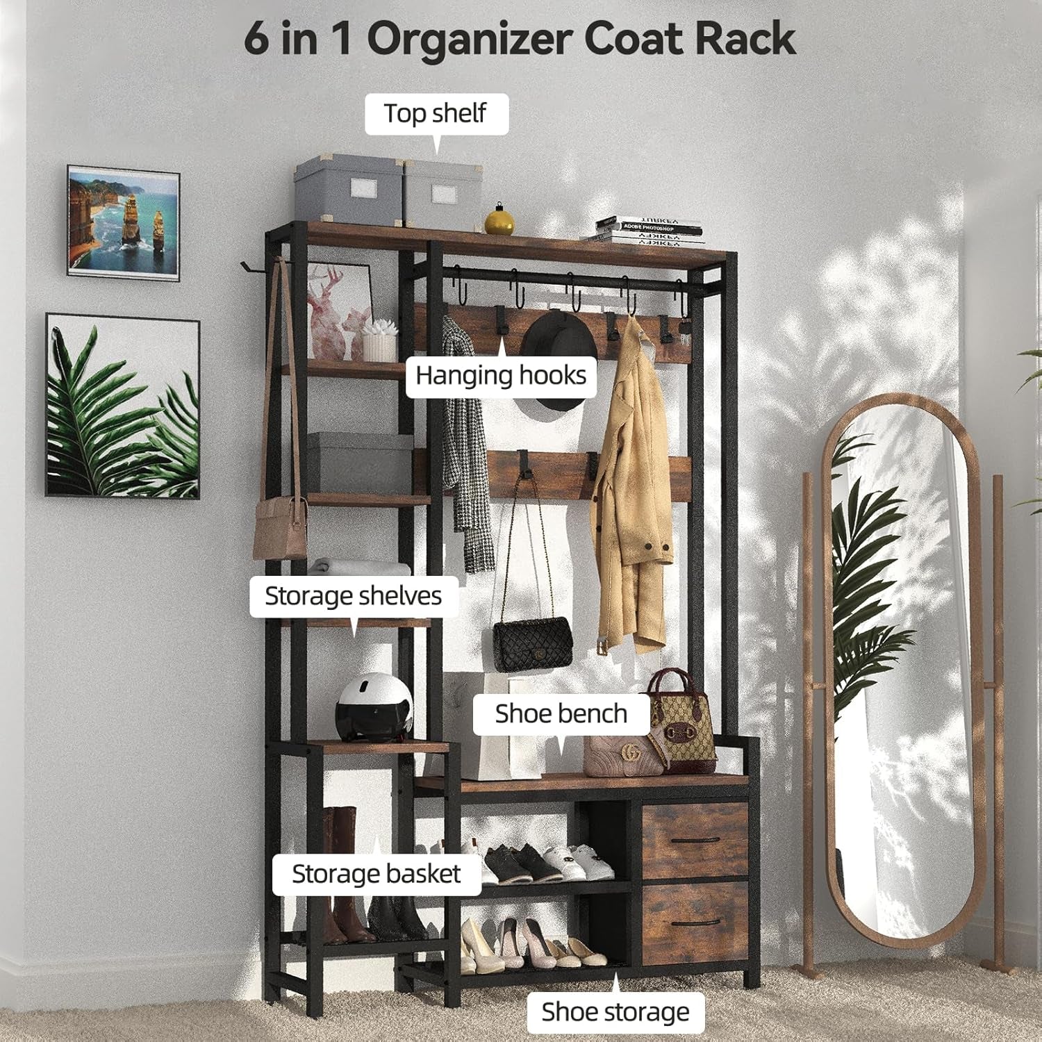 Hall Tree for Entryway 43", Bench with Shoe Storage, Large Coat Rack Shoe Bench with 5 Tier Shelves, 5 in 1 Design Front Door Shoe Rack and Wall Rack Hooks, and 2 Drawers (Rustic Brown)