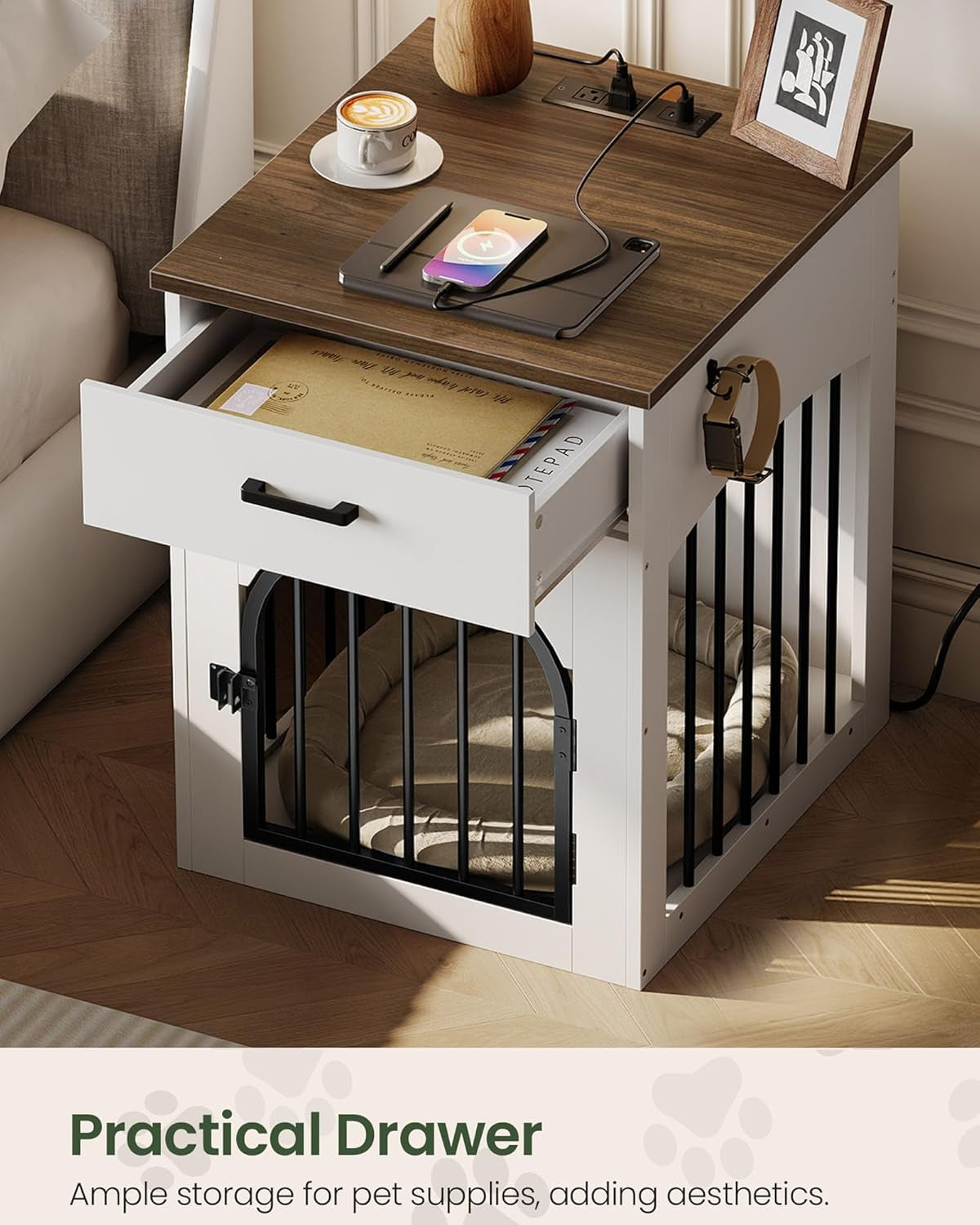 Dog Crate Furniture, Wooden Dog House with Charging Station and Storage Drawer, Indoor Pet Crate End Table for Small Breeds, for Living Room, Bedroom, White and Walnut MGW01UWL