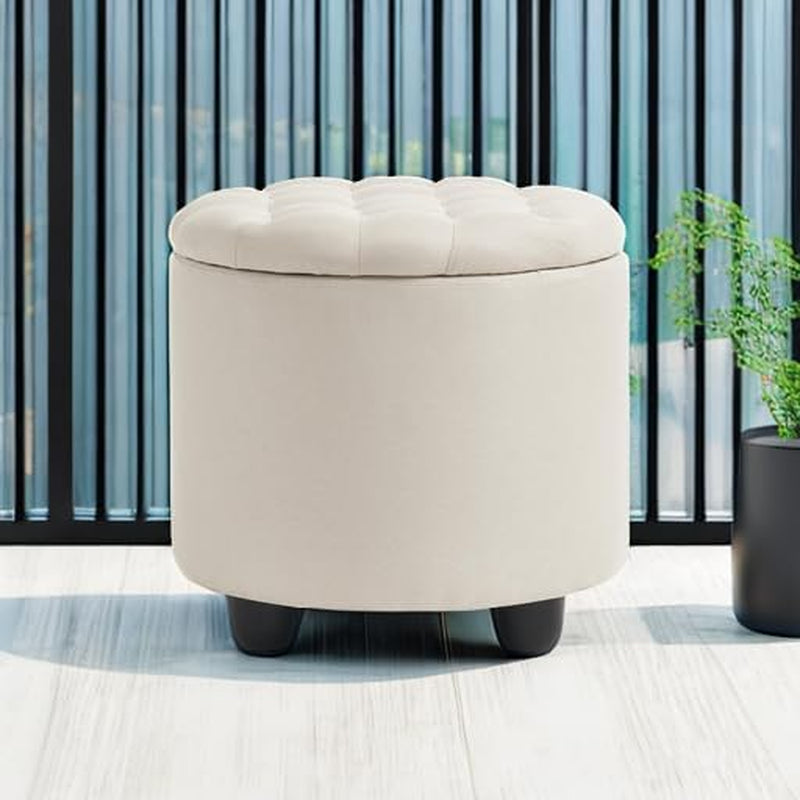Modern round Storage Ottoman,Button Tufted Ottoman Foot Stools Ottoman Footstool with Removable Lid Storage Ottoman for Living Room, Bedroom, Makeup Room，Beige