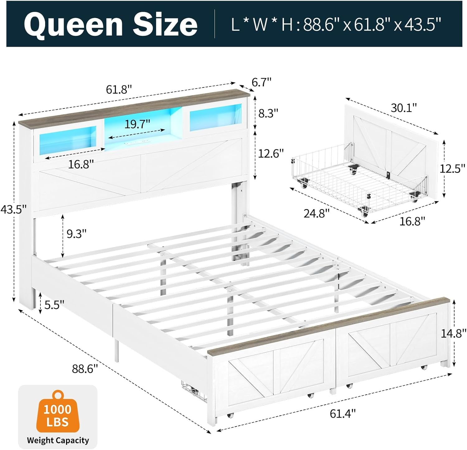 Queen Bed Frame with Headboard, Bed Frame Queen Size with Charging Station, LED Beds with 2 Storage Drawers, Wood Farmhouse Bedframe Queen-Size, Noise-Free and No Box Spring Needed