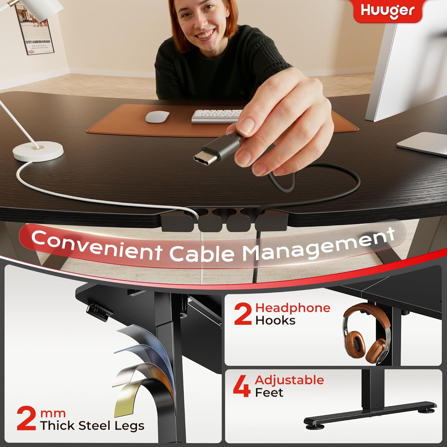 Electric Standing Desk with Power Outlets and USB-C Port, 47 X 24 Inch Height Adjustable Desk, Sit Stand Desk for Home Office, Computer & Gaming Desk with 4 Presets, Stable Steel Frame, Black