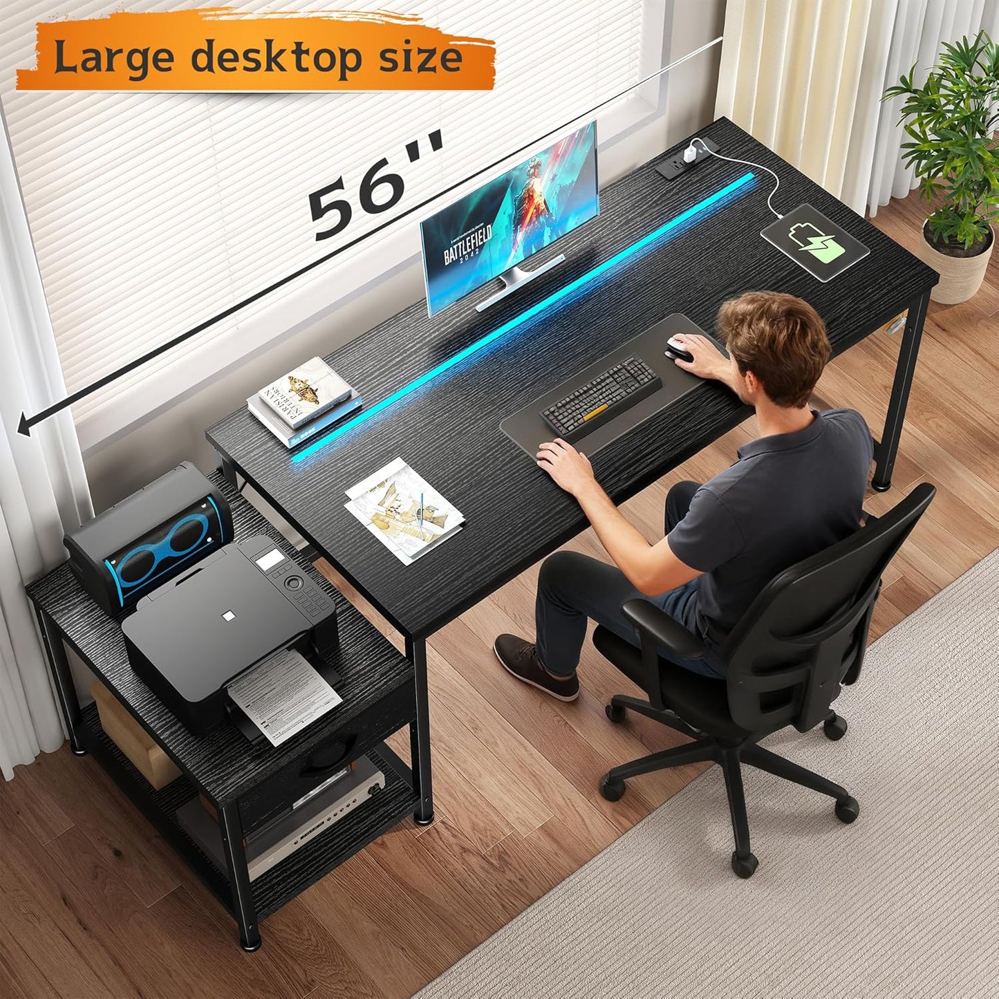 56 Inch Gaming Desk with Drawers and Shelf,Reversible Computer Desk with LED Lights and Power Outlets,Study Table with Hooks for Headphone,Bags,Black Desk Work Desk for Bedroom,Dorm