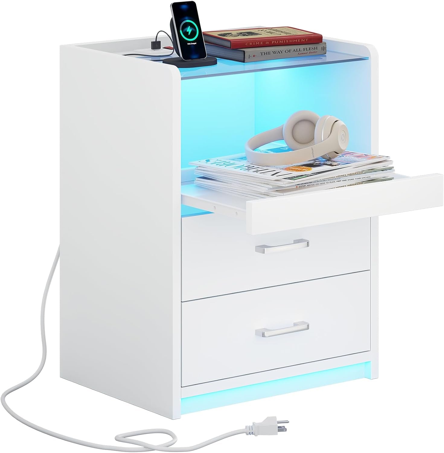 White Nightstand with Charging Station and LED Lights, 2 Drawers LED Night Stand with Tempered Glass Tabletop, Modern End Side Tables with Pull-Out Tray, Open Storage Bedside Tables