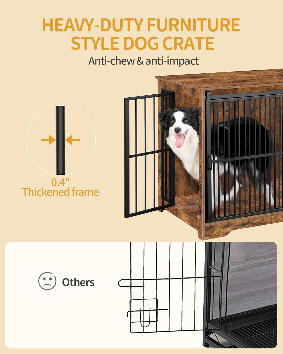 XL Large Dog Crate Furniture, 44.1" Indoor Dog Kennel Furniture with Barn Door, Wooden Tall Dog Crate, Heavy Duty Dog Cage for Large Dogs, Side End Table, Anti-Chew, Rustic Brown DFC80101B