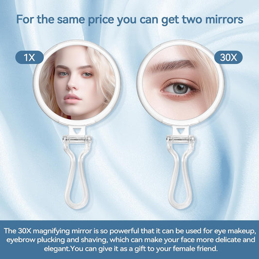 30X Magnifying Mirror for Travel with Handle, Double-Sided 1X/30X Magnification Hand Mirror for Makeup,Travel Mirror for Desk 5 Inches