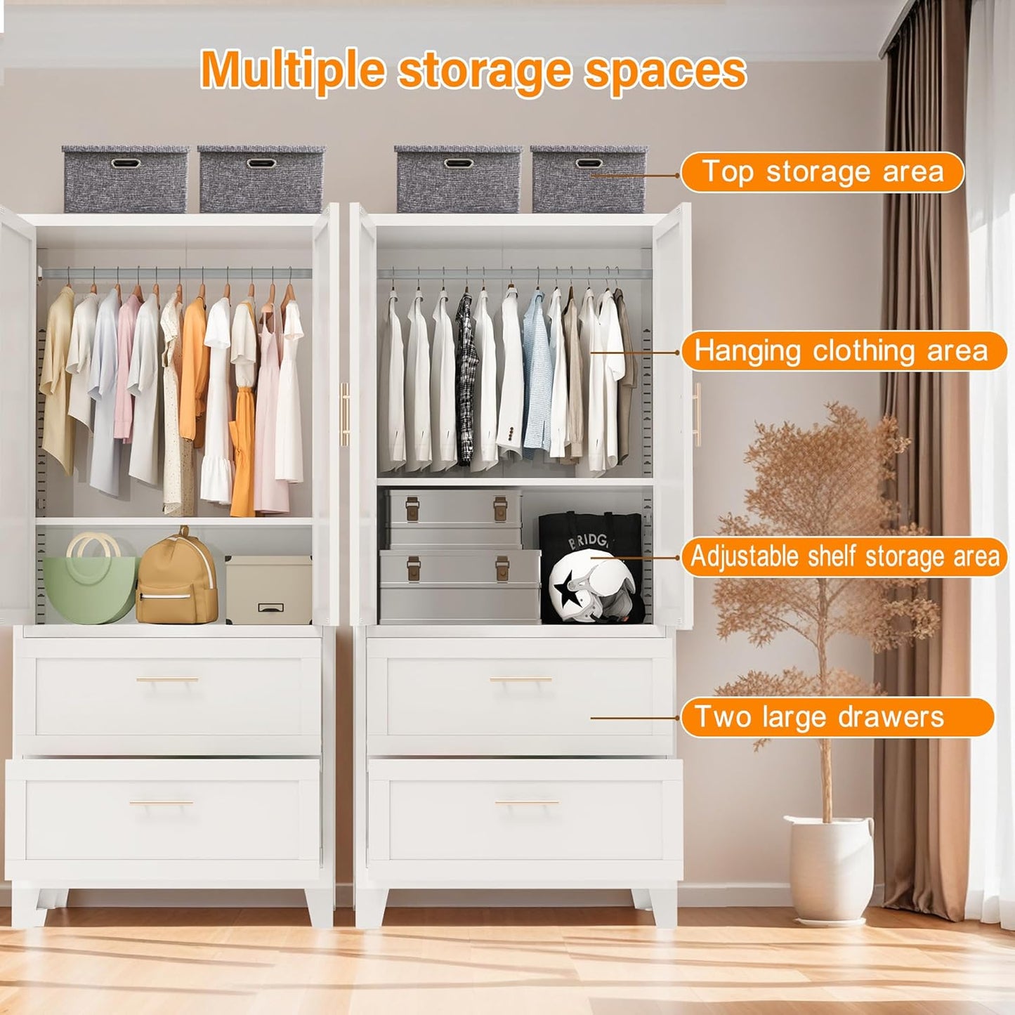 71 Inch Tall Metal Wardrobe Cabinet with 2 Drawers & Hanging Rod, Freestanding Closet with Adjustable Shelf, Space-Saving Storage Organizer for Bedroom, Entryway, Office, White