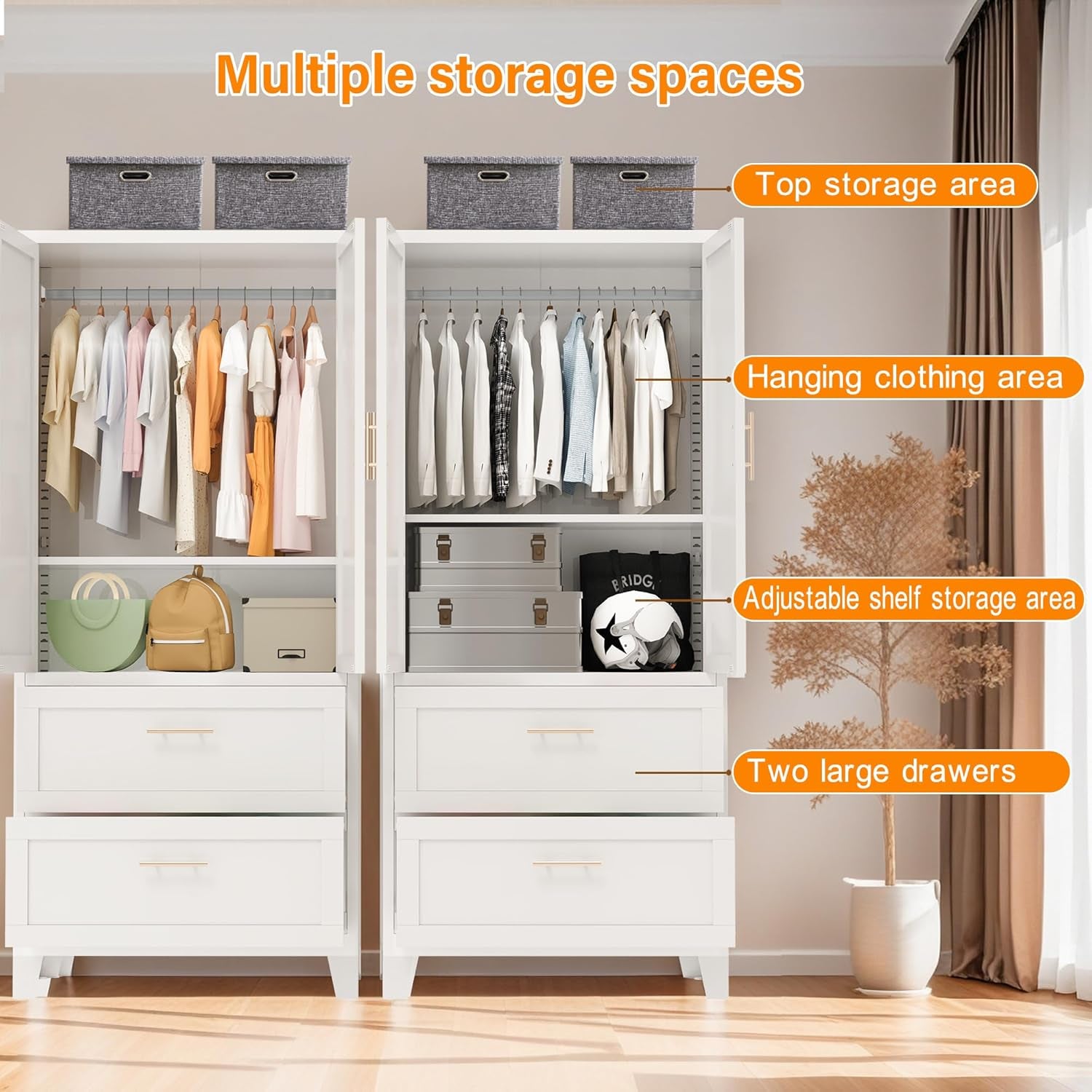 71 Inch Tall Metal Wardrobe Cabinet with 2 Drawers & Hanging Rod, Freestanding Closet with Adjustable Shelf, Space-Saving Storage Organizer for Bedroom, Entryway, Office, White