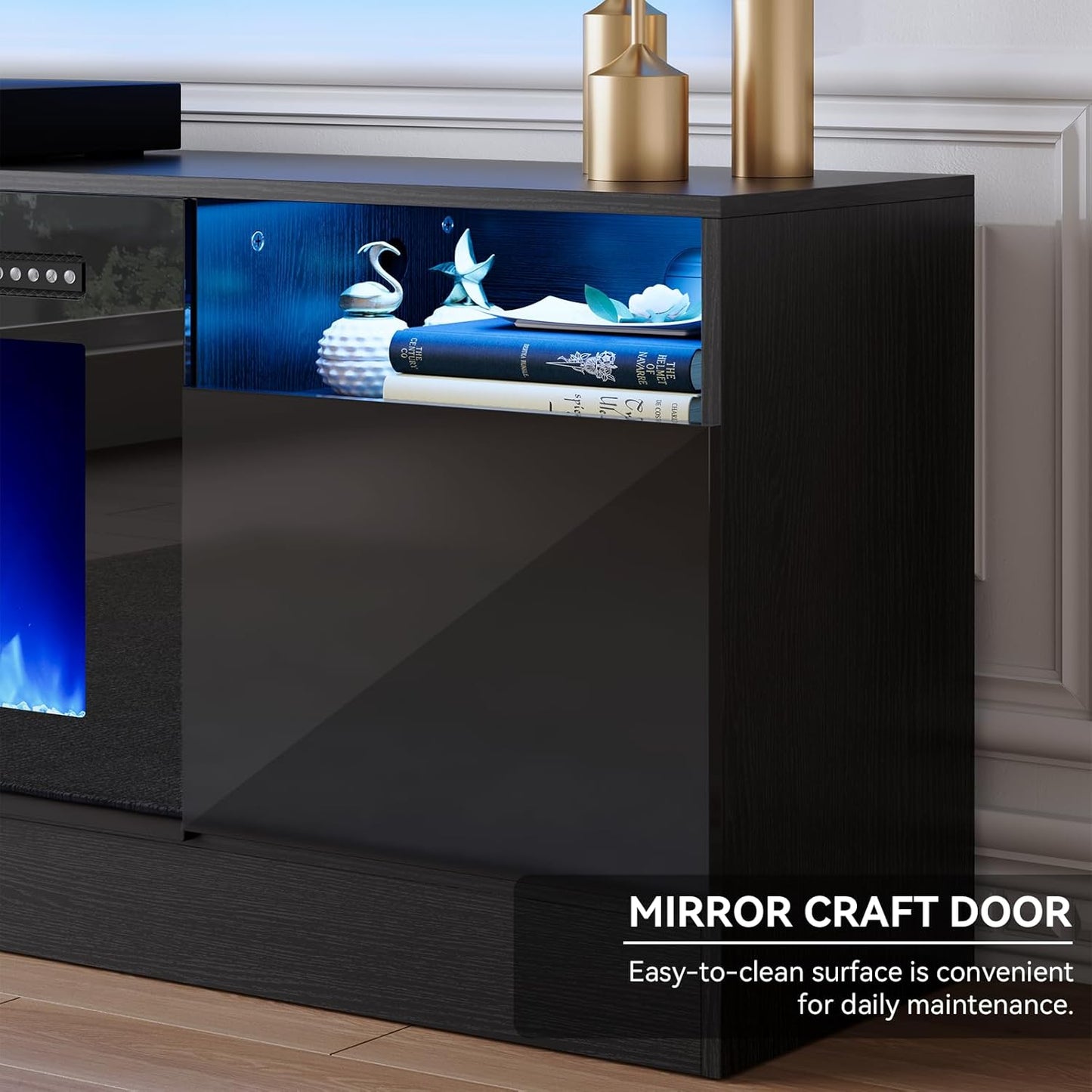 70” TV Stand with 36” Electric Fireplace, Large Modern Media Entertainment Center with Storage Cabinet and 12 Colors LED Lights for Tvs up to 80", Black TV Stand and Black Fireplace