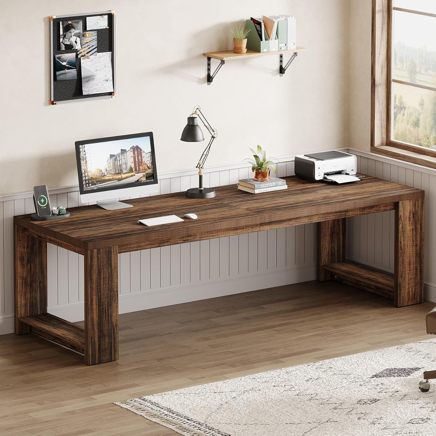 Two Person Desk, 86.6 Inches Extra Long Desk, Double Computer Writing Table, All Wood Large Desks Workstation for Home Office, Rustic Brown