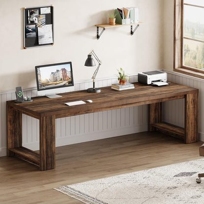 Two Person Desk, 86.6 Inches Extra Long Desk, Double Computer Writing Table, All Wood Large Desks Workstation for Home Office, Rustic Brown