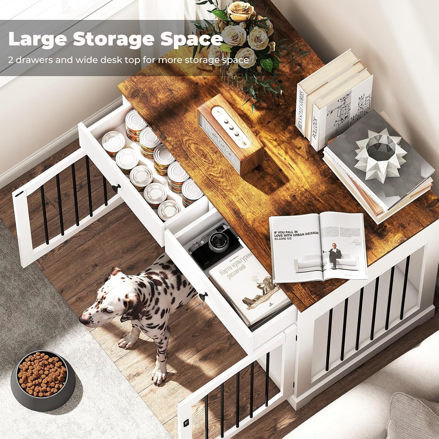 40" Dog Crate Furniture, Wooden Dog Kennel Furniture with Storage Drawers, End Table Dog House Indoor, Decorative Dog Crates for Small Medium Large Dog, White