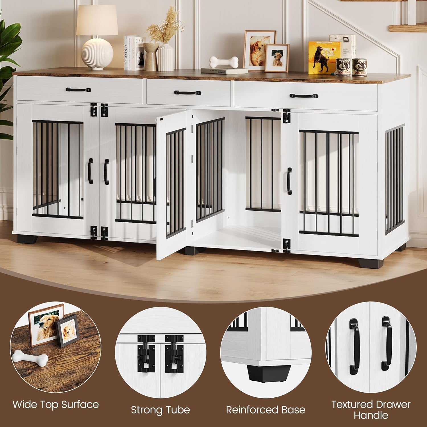 71" Large Dog Crate for 2 Dogs, Double Dog Cage Furniture with 3 Drawers for Ample Storage Space, Furniture Style Indoor Dog Crate & TV Stand, for Large Medium Dogs, White