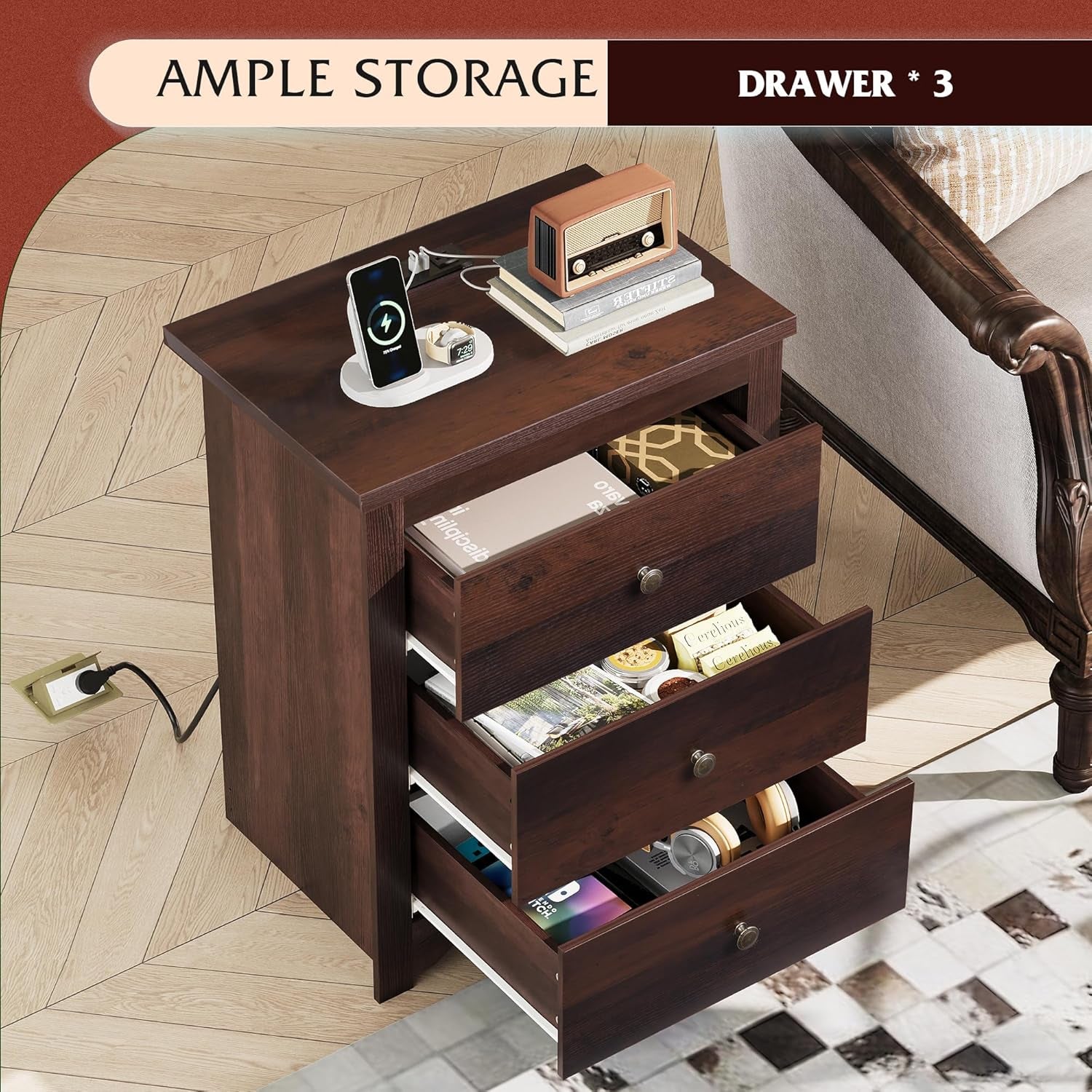 Tall Nightstand with Charging Station, Wood Nightstand with 3 Drawers, Bedside Tables Bedroom, Dorm, End Table with 2 USB Ports and 2 AC Outlets, Bedside Table, Espresso