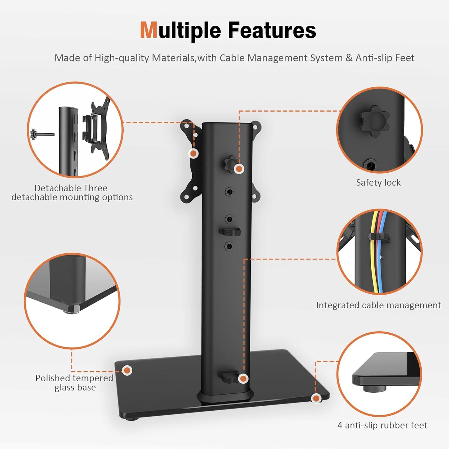 Universal Swivel TV Stand/Base Table Top TV Stand for 13 to 32 Inch Tvs with 100 Degree Swivel, 4 Level Height Adjustable, Heavy Duty Tempered Glass Base, Holds up to 77Lbs, HT07B-001
