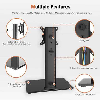 Universal Swivel TV Stand/Base Table Top TV Stand for 13 to 32 Inch Tvs with 100 Degree Swivel, 4 Level Height Adjustable, Heavy Duty Tempered Glass Base, Holds up to 77Lbs, HT07B-001