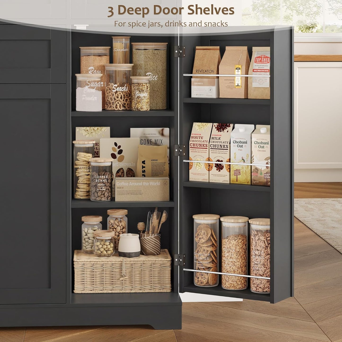 68" Tall Kitchen Pantry Storage Cabinet, Modern Kitchen Hutch Cabinet with Doors and Shelves, Freestanding Food Pantry with Large Storage Drawer for Dining Room, Living Room, Black