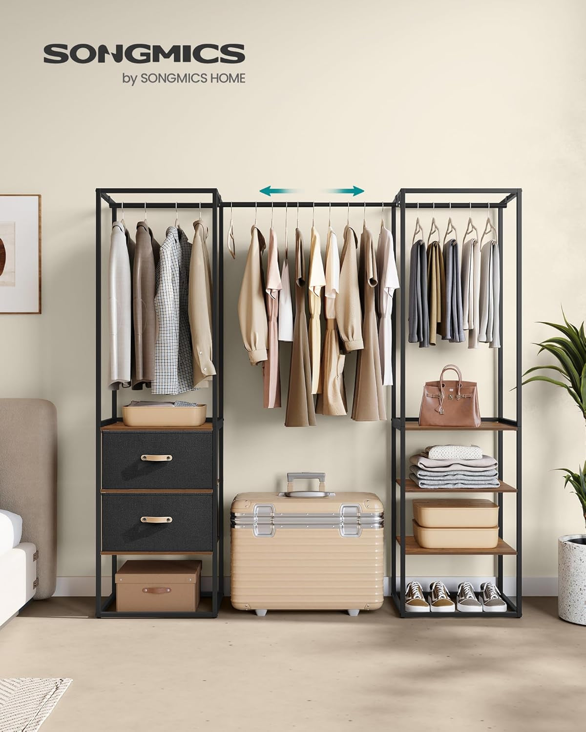 Clothes Rack, 70.9 Inch Wardrobe Freestanding Closet, Heavy Duty Garment Rack with 1 Extendable Hanging Rod, 2 Drawers and 4 Shelves, for Bedroom, Space-Saving, Rustic Brown URGR003B01