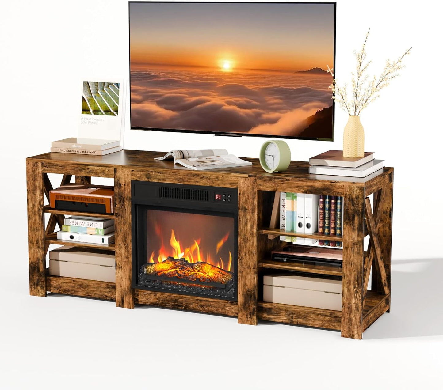 Fireplace TV Stand for up to 70 Inch Tvs, Farmhouse Entertainment Center with Electric Fireplace Heater & Adjustable Shelves, Fireplace Media Console Table for Living Room, Rustic Brown