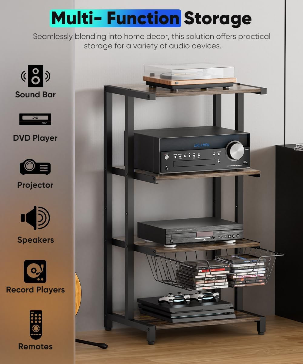 Media Stand with Detachable Baskets, 4-Tier AV Media Stand Corner Shelf for DVD Players/Cable Boxes/Games Consoles, Audio Storage Rack for Living Room, Gaming Room, Music Studio, Black