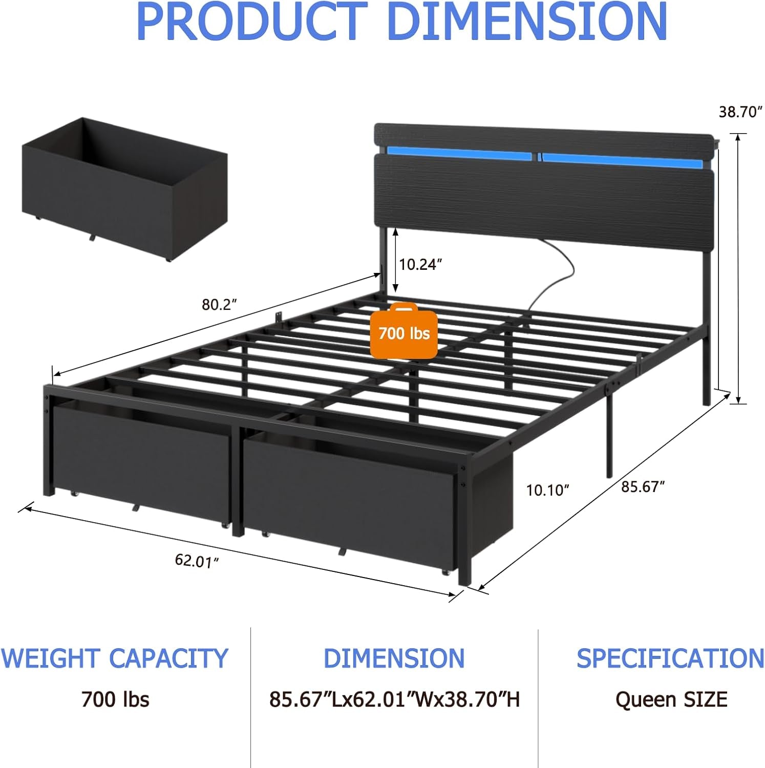 Queen Bed Frame with Wood Headboard, Black Platform Bed with 2 Storage Drawers & Shelf, Built-In Charging Station & LED Lights, Metal Support, No Box Spring Needed, Cama Queen Size