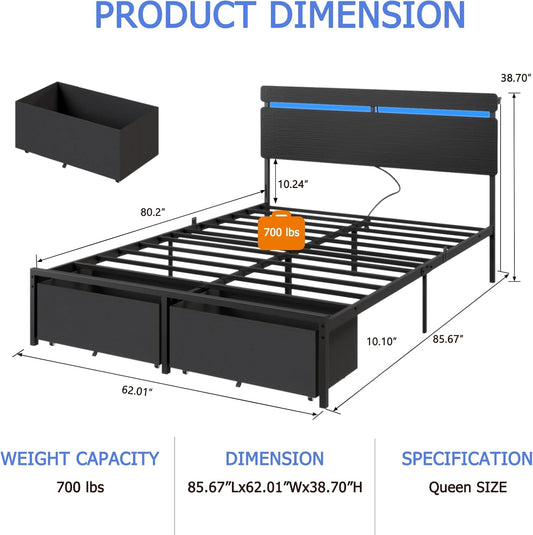 Queen Bed Frame with Wood Headboard, Black Platform Bed with 2 Storage Drawers & Shelf, Built-In Charging Station & LED Lights, Metal Support, No Box Spring Needed, Cama Queen Size