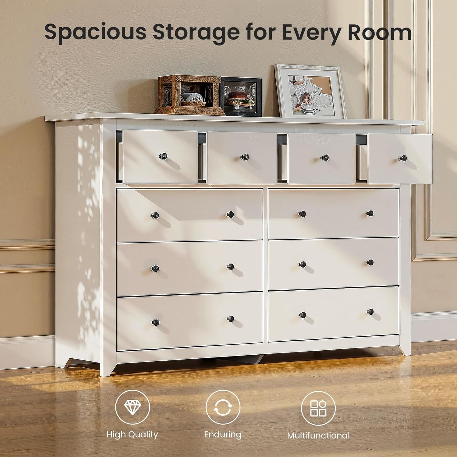 White 10 Drawer Dresser, 52" Large Wide Chest of Drawers, Wooden Dresser Storage Cabinet with 10 Drawers for Bedroom, Long White Dressers for Nursery, Living Room, Hallway