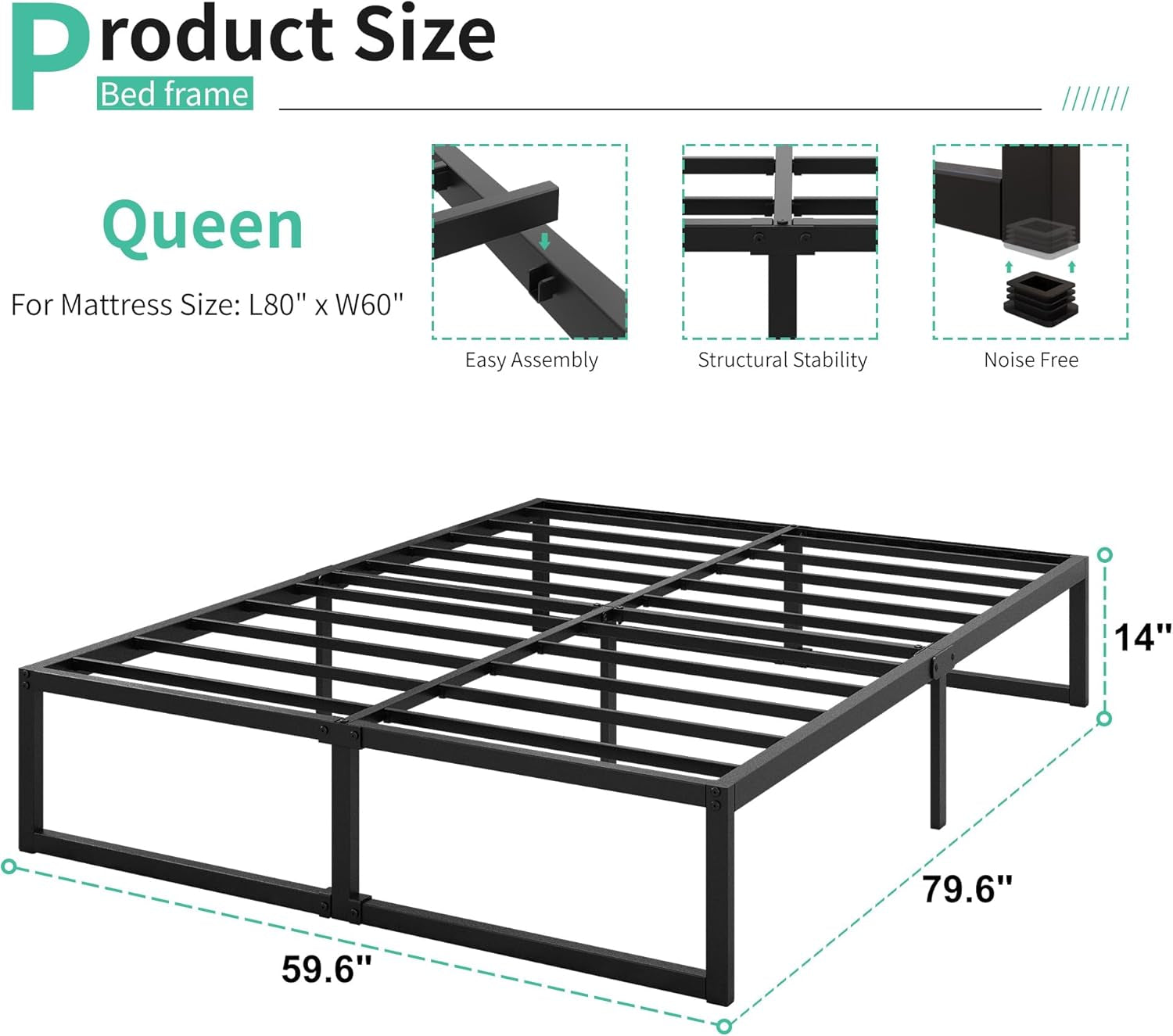 14 Inch Queen Bed Frame Heavy Duty Steel Slat Support Metal Platform Bed Frame Queen Size No Box Spring Needed, Easy Assembly, Black
