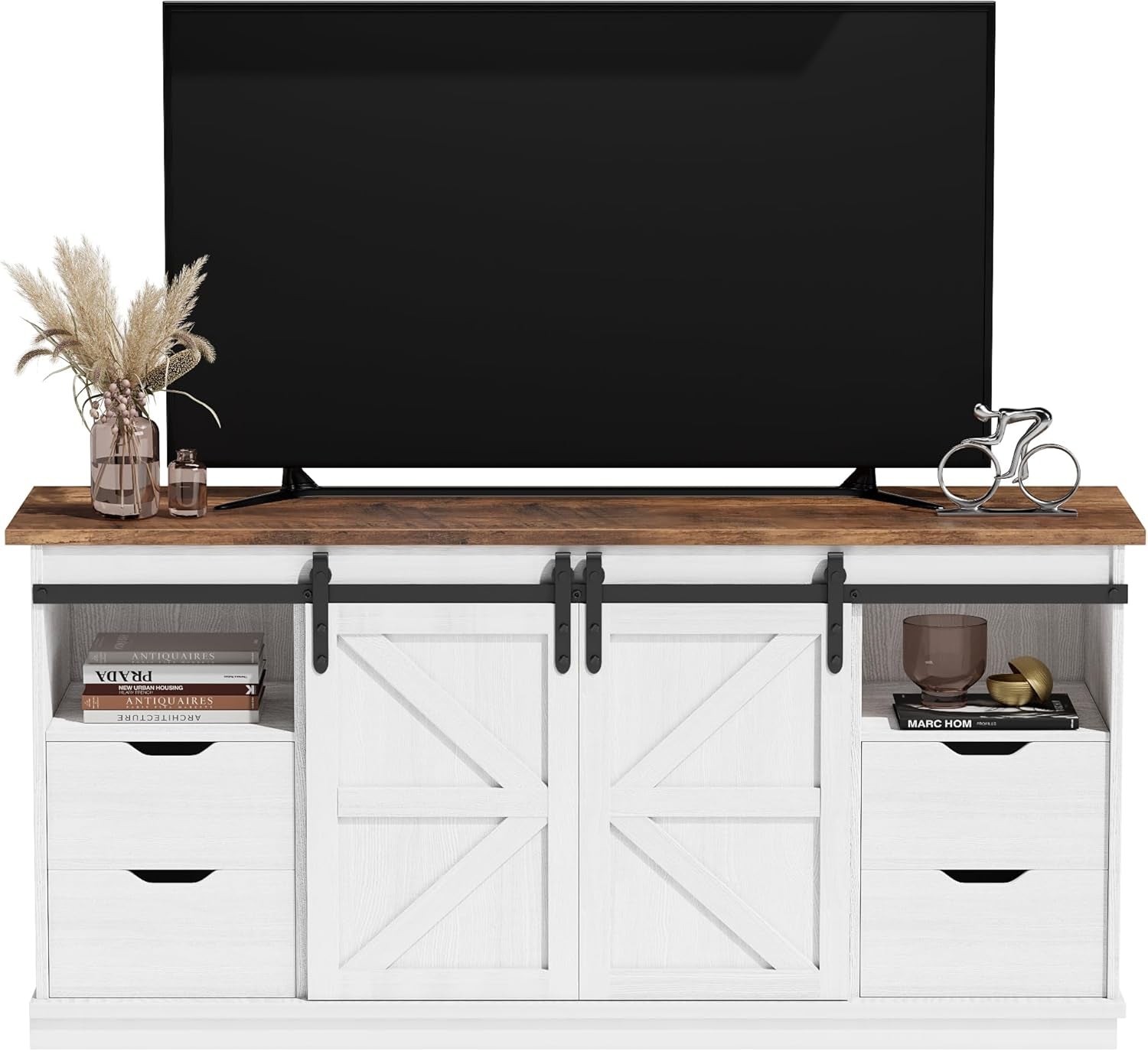 TV Stand with 4 Drawers for 65 Inch TV, Entertainment Center with Storage Cabinets and Sliding Barn Doors, Mid Century Modern Media TV Console Table for Living Room Bedroom (Bright White)