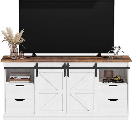 TV Stand with 4 Drawers for 65 Inch TV, Entertainment Center with Storage Cabinets and Sliding Barn Doors, Mid Century Modern Media TV Console Table for Living Room Bedroom (Bright White)