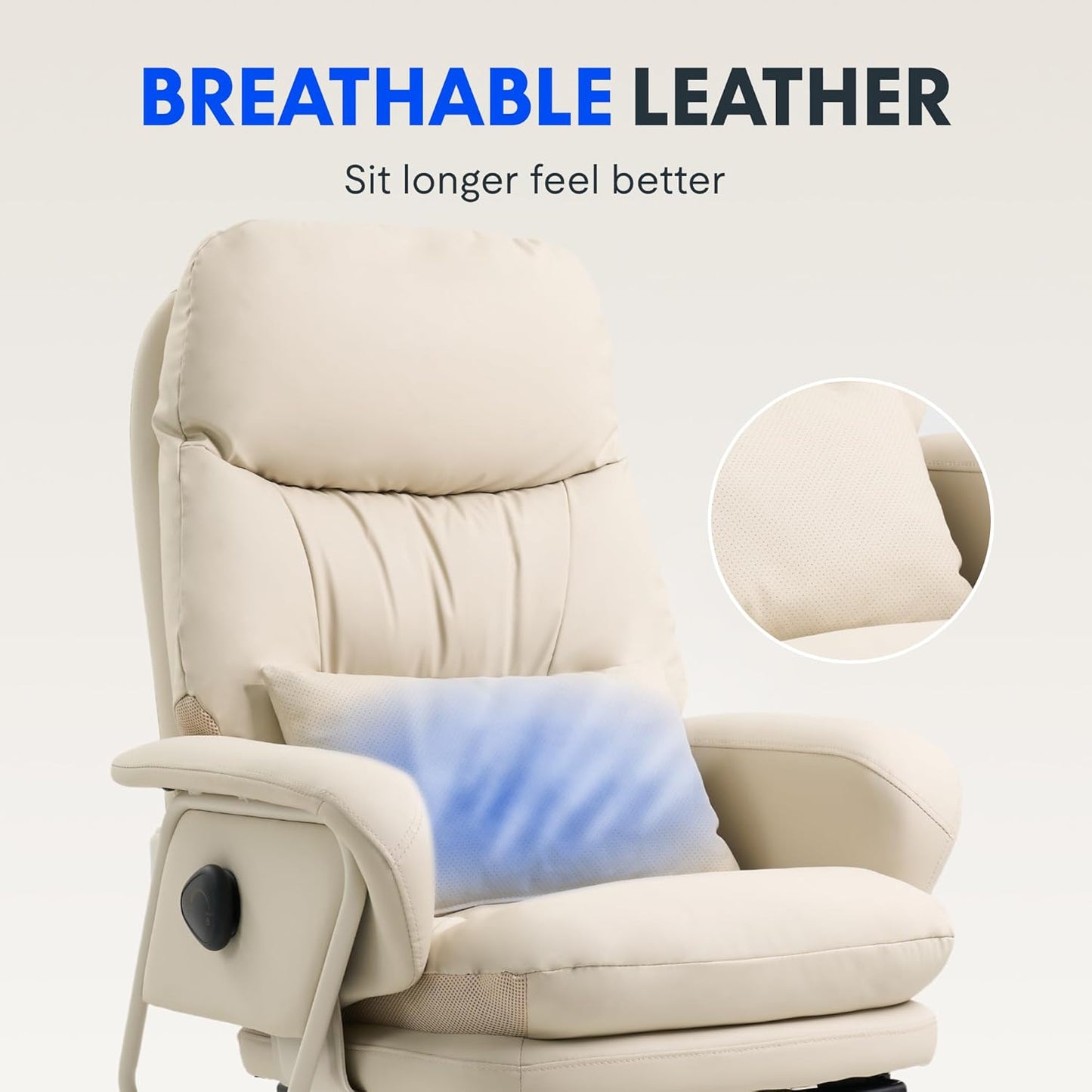 Luno 2-In-1 Chaise Lounge Chair Indoor with Wheels Footrest 90-165° Reclining Lumbar Support, Home Office Chairs for Living Room Bedroom Study Working Relaxing, Leather, Beige White