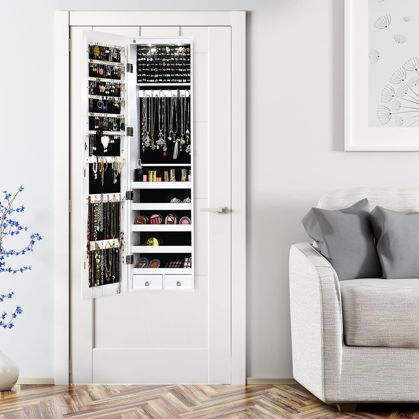 Wall Mounted Jewelry Armoire with Full Length Mirror & 2 LED Lights, Large Storage Capacity, Lockable Mirror Jewelry Cabinet for Women Girls (White)