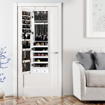 Wall Mounted Jewelry Armoire with Full Length Mirror & 2 LED Lights, Large Storage Capacity, Lockable Mirror Jewelry Cabinet for Women Girls (White)