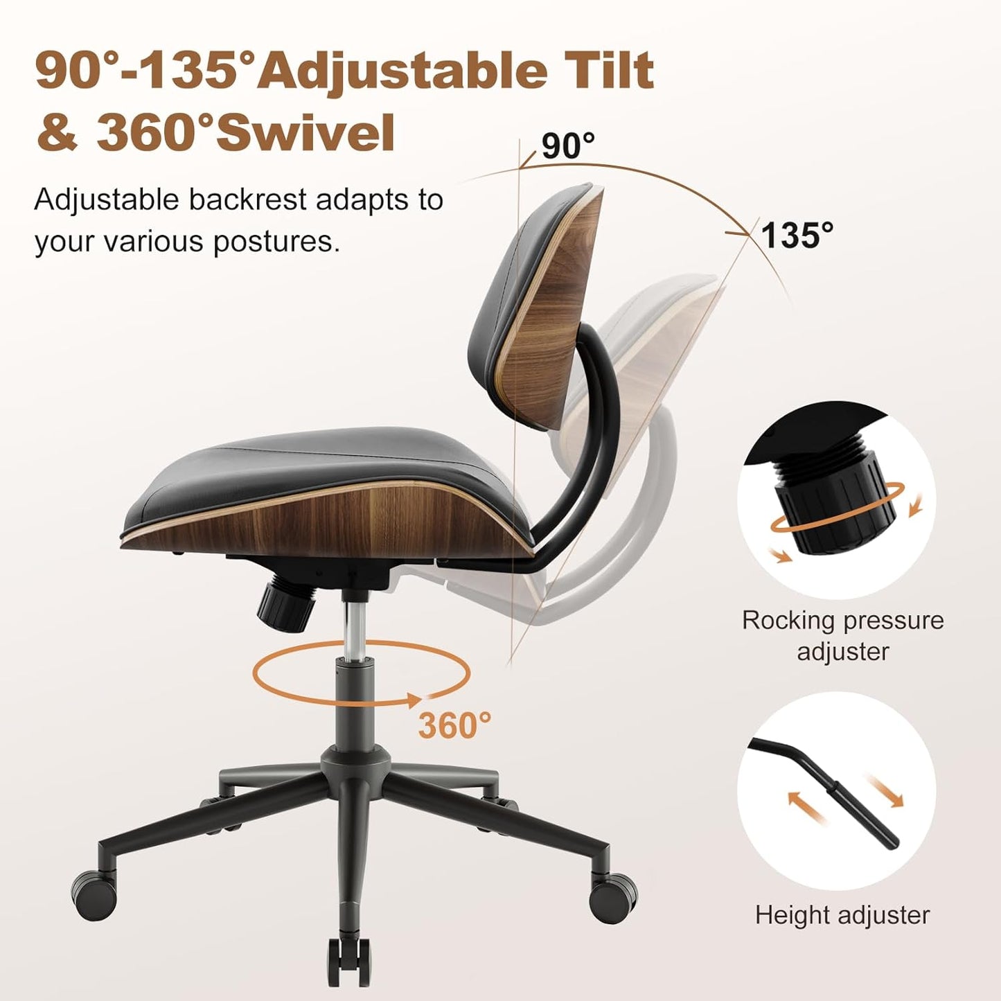 Armless Office Chair with Wheels, PU Leather Adjustable Height Desk Chair - 360° Swivel Ergonomic Computer Chair for Small Space, Modern Walnut Style, Home & Meeting Room, Black