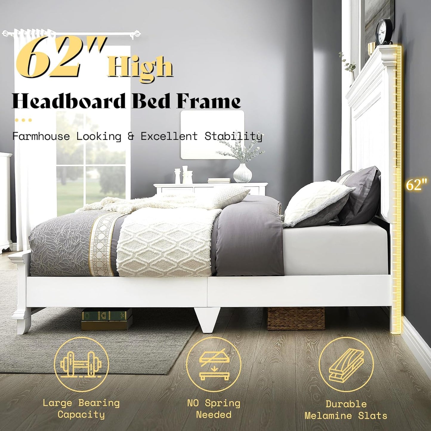 Queen Size Solid Wood Bed Frame, Farmhouse Platform Bed with Headboard and Footboard, Rustic Bed Base with 12 Wood Slats Support, No Box Spring Needed, Distressed White