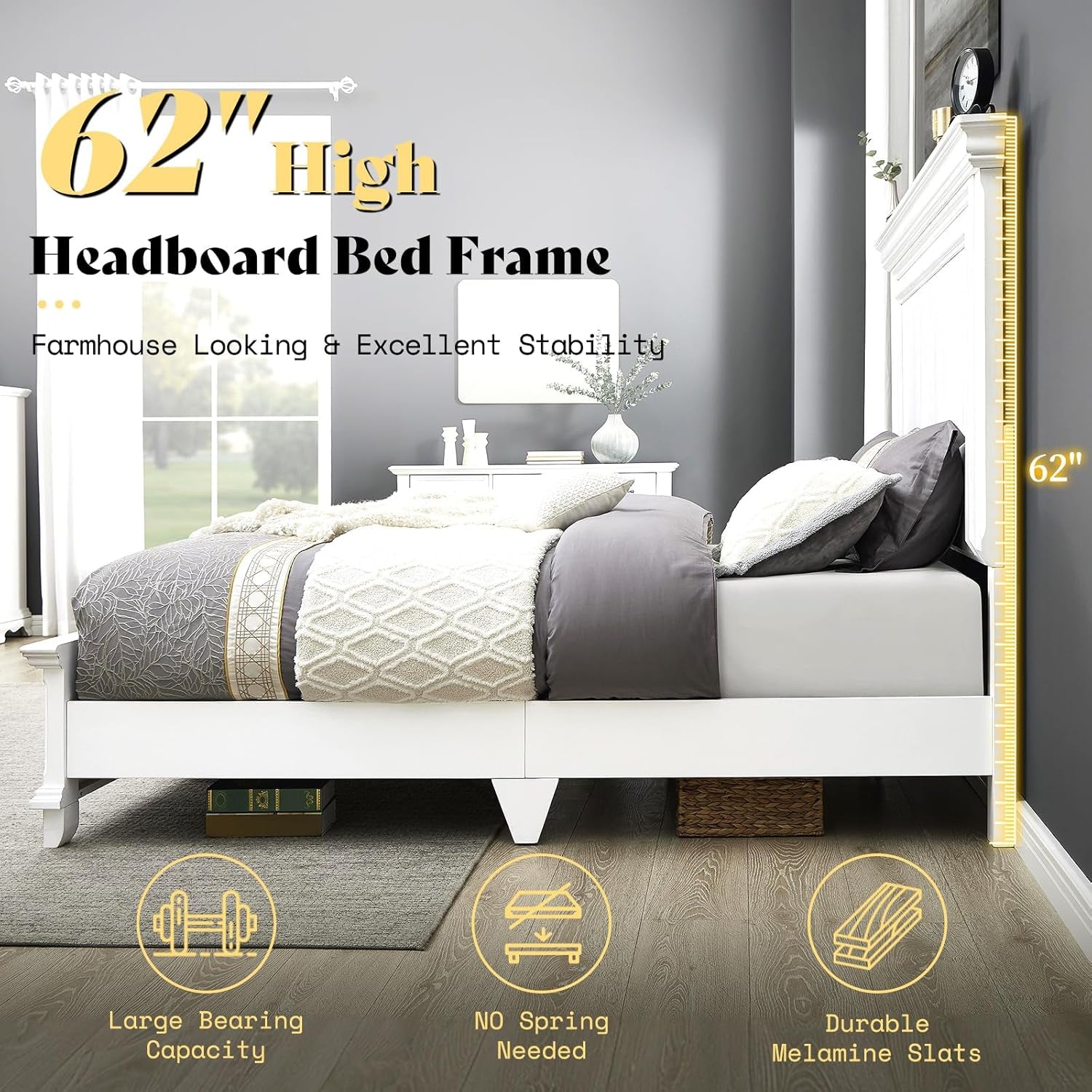Queen Size Solid Wood Bed Frame, Farmhouse Platform Bed with Headboard and Footboard, Rustic Bed Base with 12 Wood Slats Support, No Box Spring Needed, Distressed White