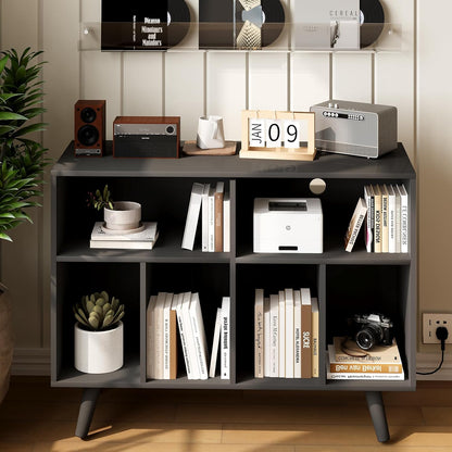 Record Player Stand with Vinyl Storage, 39.5In Large Vinyl Record Holder Player Cabinet Wood Turntable Stand up to 350 Albums with Charging Station for Living Room, Black