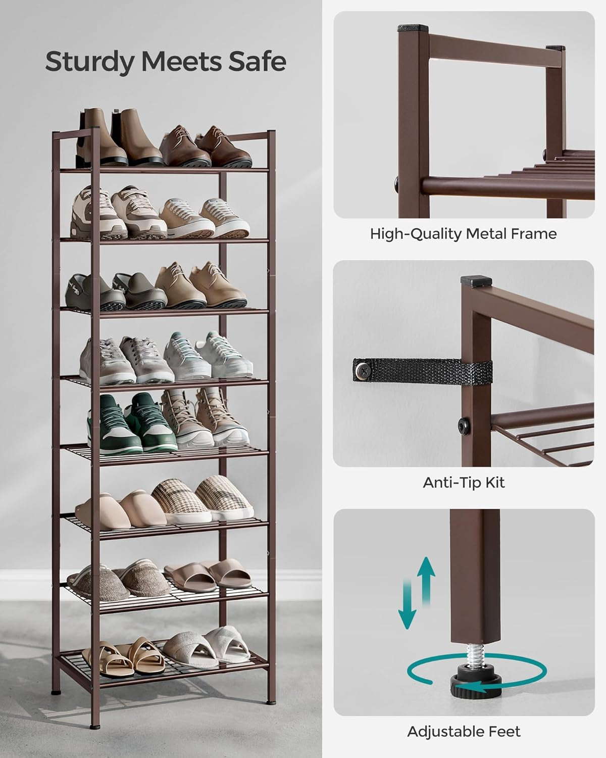 Narrow Shoe Rack - Sturdy 8 Tier Metal Tall Shoe Rack Shelf, Slim Shoe Storage Organizer for Closet Entryway Small Spaces, Bronze