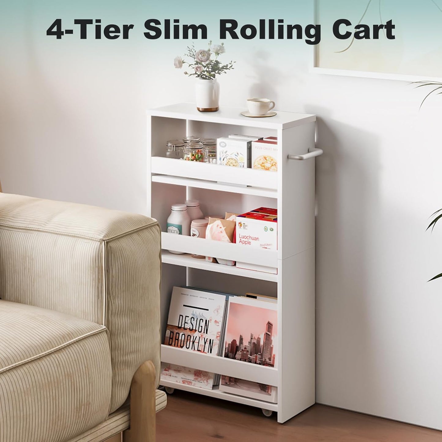 White Slim Storage Cart with Wheels, 4 Tier Rolling Utility Cart with Handle Slide Out Shelving Unit Organizer Trolley for Laundry Kitchen Bathroom Narrow Places Small Corner