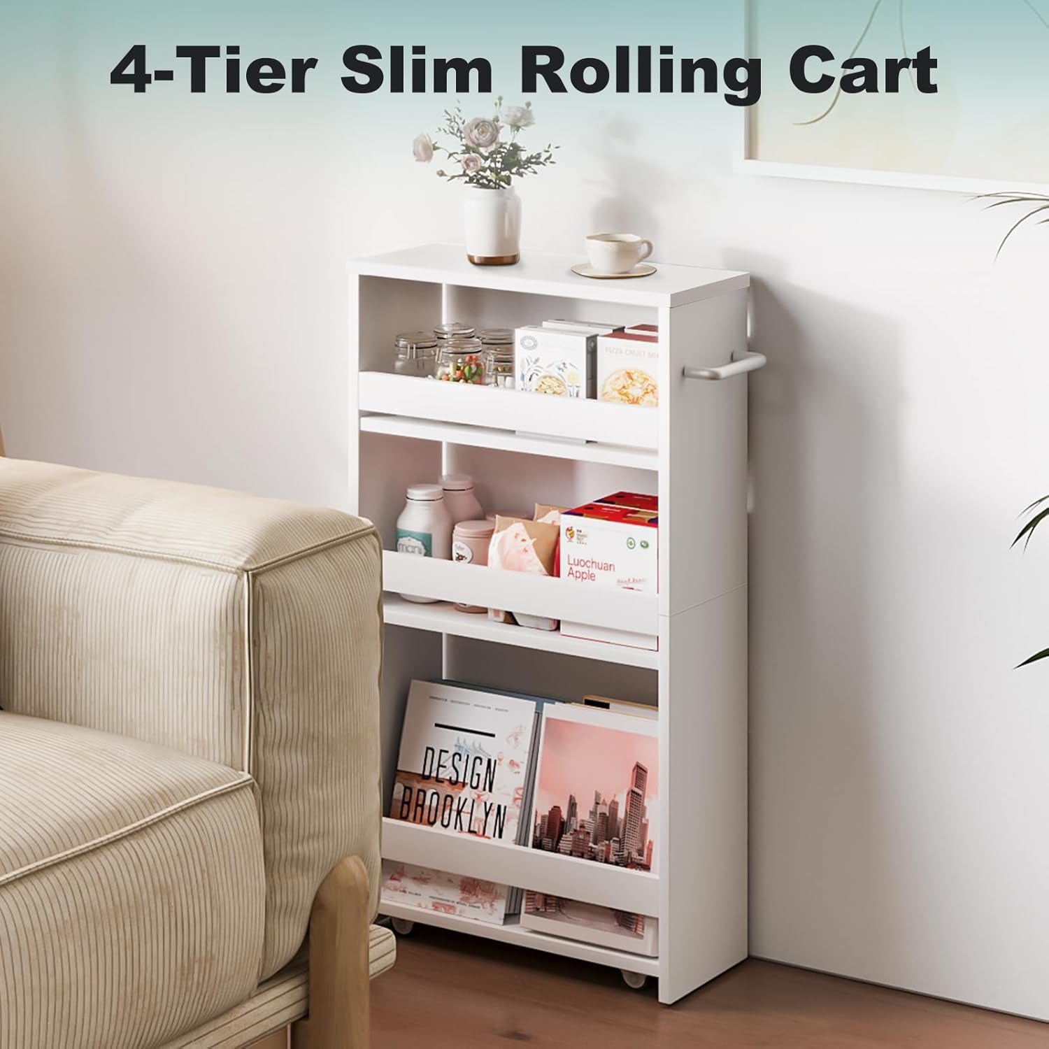 White Slim Storage Cart with Wheels, 4 Tier Rolling Utility Cart with Handle Slide Out Shelving Unit Organizer Trolley for Laundry Kitchen Bathroom Narrow Places Small Corner
