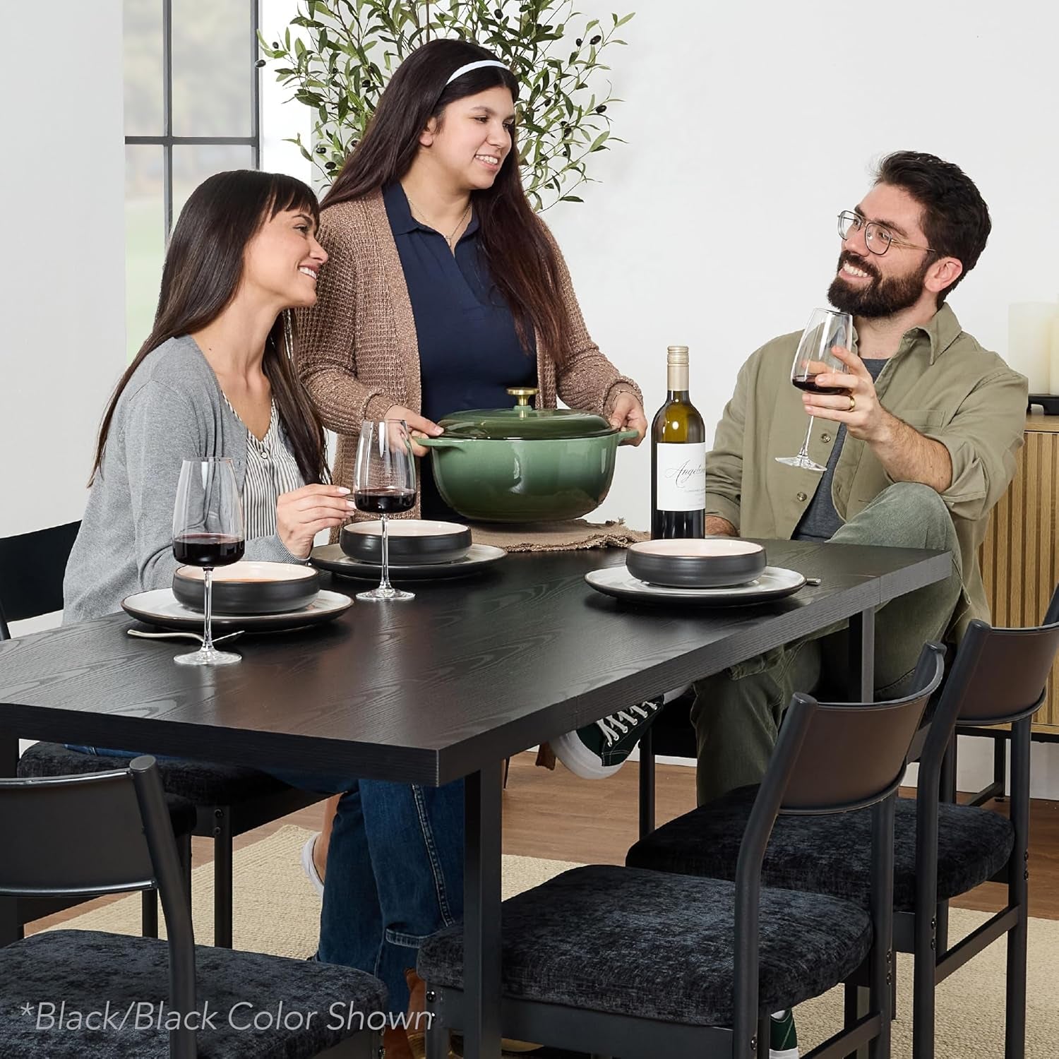 7-Piece Modern Dining Room Set, Kitchen Table Set, Dining Table W/ 6 Chairs, Upholstered Cushions, Solid Metal Frame, Curved Backrest - Black/Ivory