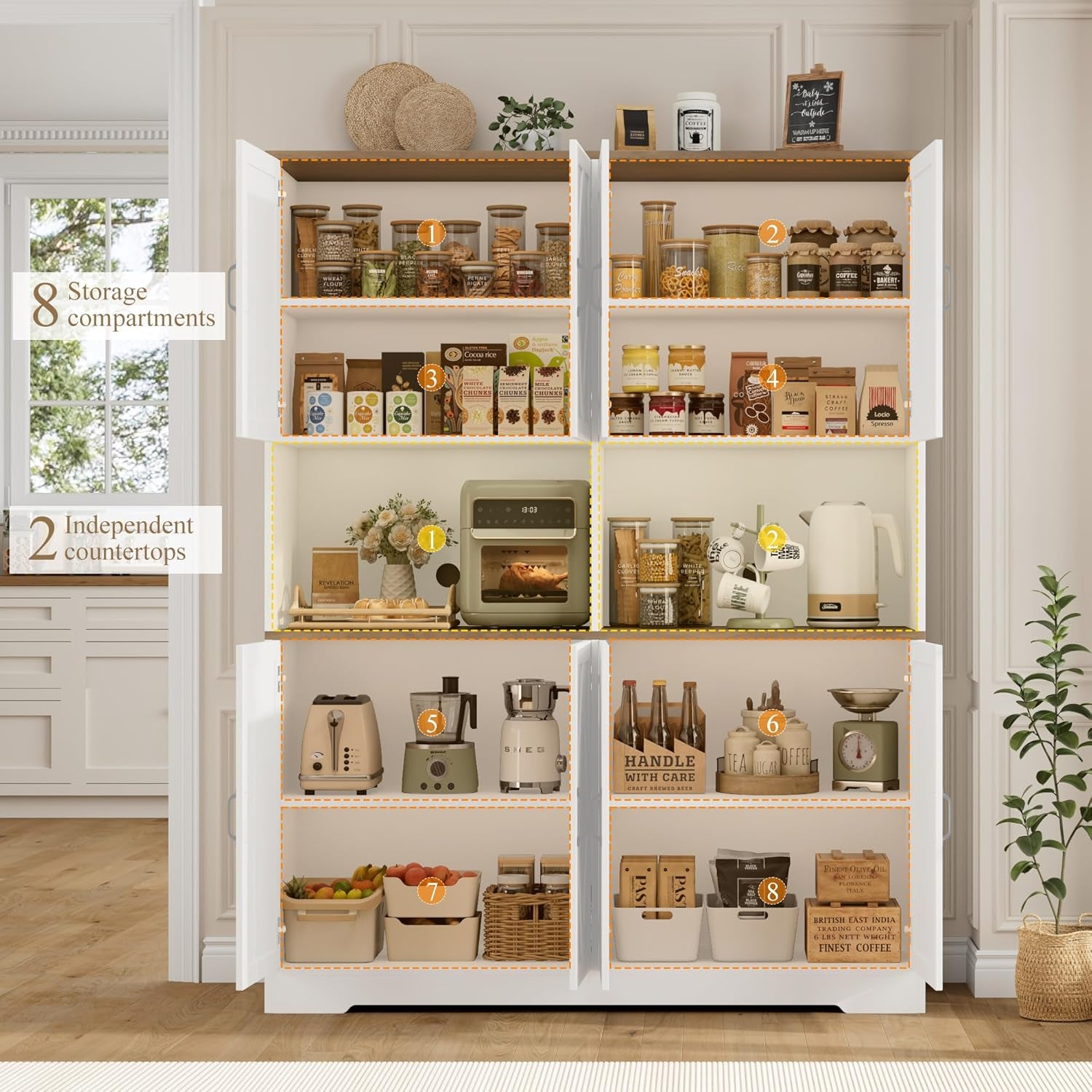 71" Tall Pantry Cabinet, 55" Wide Kitchen Pantry Storage Cabinet, Large Kitchen Hutch with 2 Microwave Stands, Farmhouse Coffee Bar Station with Doors and Shelves for Dining Room, White