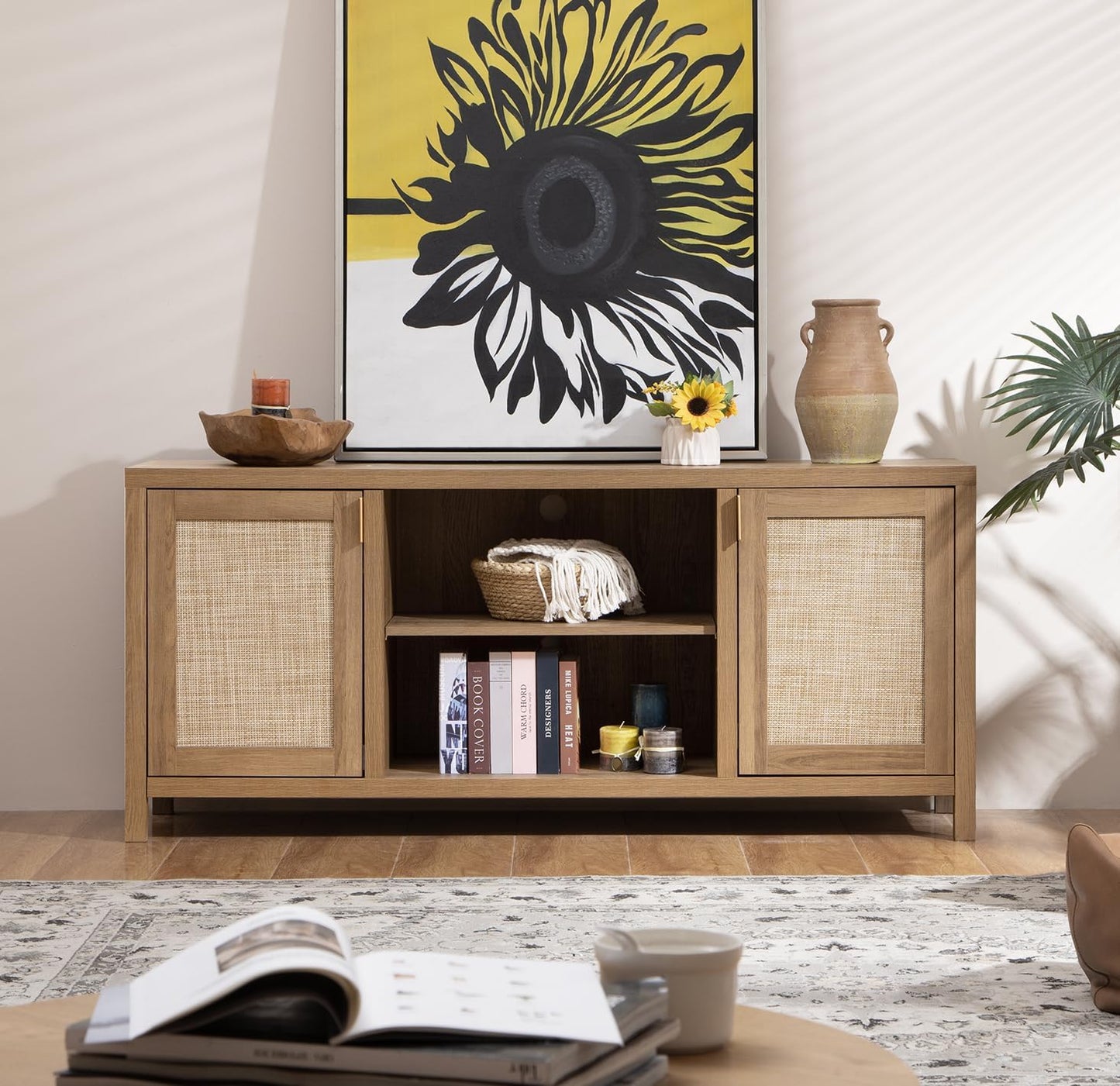 TV Stand for Living Room : Rattan TV Console Cabinet with Storage and Shelf, Boho Entertainment Center, 59" Media Console for 55, 65 Inch TV, 26" Tall Television Stands, Oak