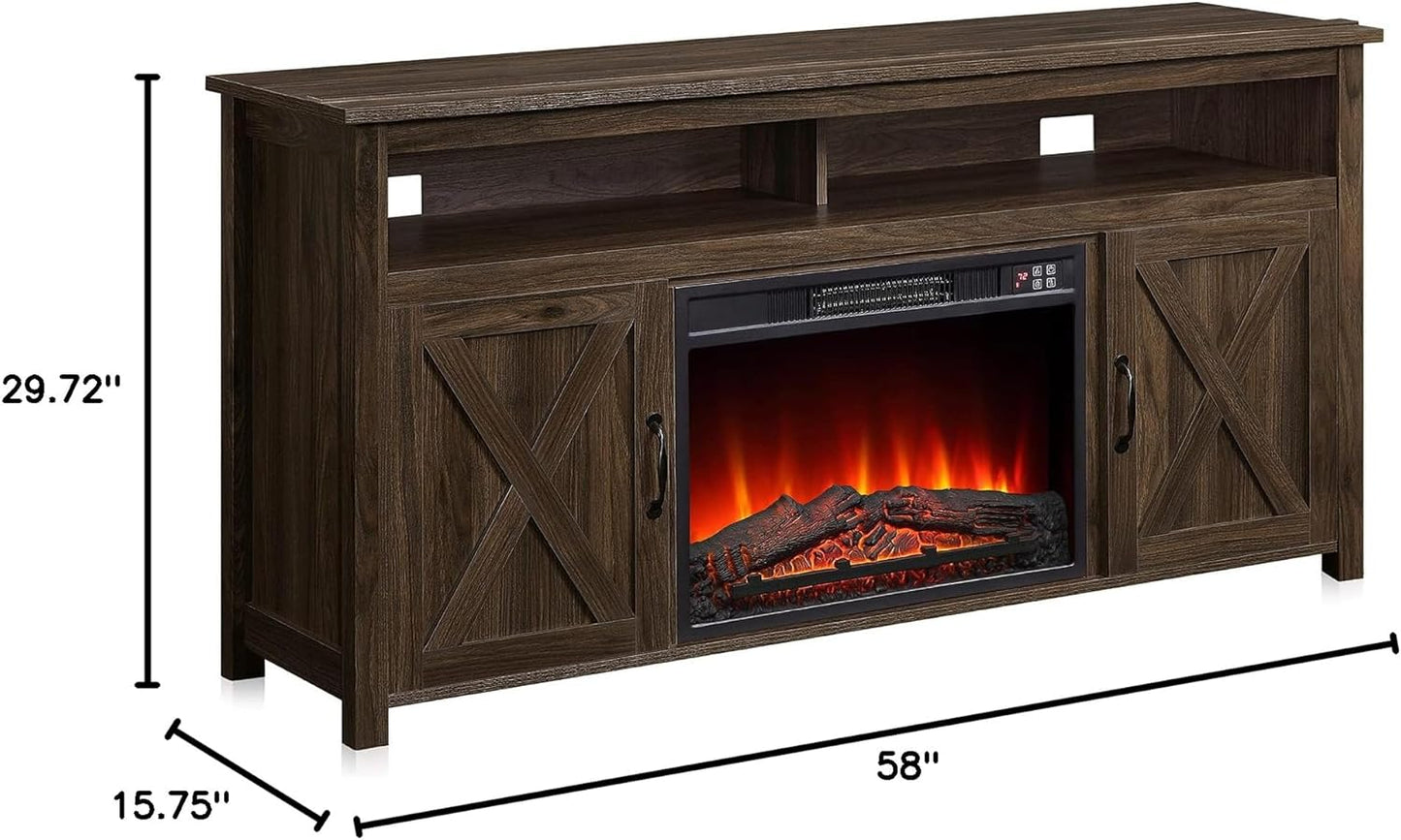 Barn Door Wood Electric Fireplace TV Stand for Tvs up to 65 Inches Open Shelves and Cabinets Media Entertainment Center Console Table - Corin (Dark Walnut)