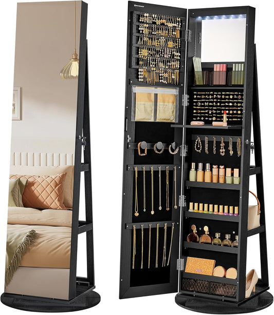 6 Leds Lockable Mirror Jewelry Cabinet, 360° Swivel Jewelry Organizer Armoire Standing, Frameless Full-Length Mirror, 3 Storage Shelves, Black Surface, Black Lining UJJC007B01